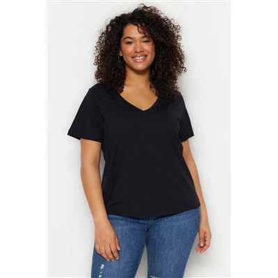 Siyah-Beyaz 2'li Paket Basic V Yaka %100 Pamuk Örme Büyük Beden T-Shirt TBBSS22TS0705