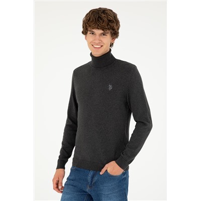Erkek Slim Fit Boğazlı Yaka Antrasit Melanj Basic Kazak
