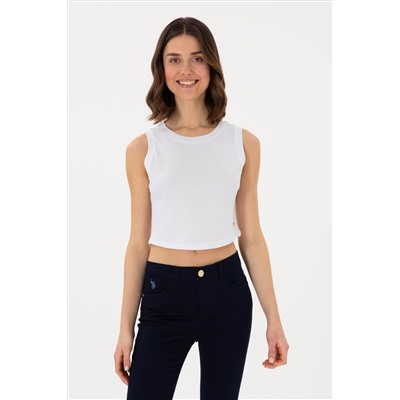Kadın Beyaz Kolsuz Bisiklet Yaka Crop Basic Tişört