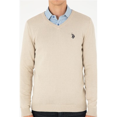 Erkek Slim Fit V Yaka Taş Melanj Basic Kazak