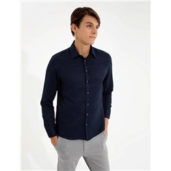 Lacivert Slim Fit Armürlü Klasik Gömlek