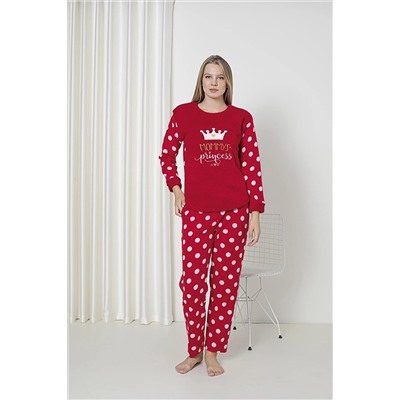 SEBOTEKS Mommy Princess Puantiyeli Peluş Polar Cepli Kadın Pijama Takımı 4400 SBTKS4400