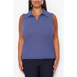 Mavi Fitted/Vücuda Oturan Polo Yaka Esnek Örme Büyük Beden Bluz TBBSS24AF00065