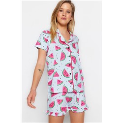 TRENDYOLMİLLA Açık Mavi Karpuz Desenli Fırfırlı Pamuklu Gömlek-Şort Örme Pijama Takımı THMSS21PT0670