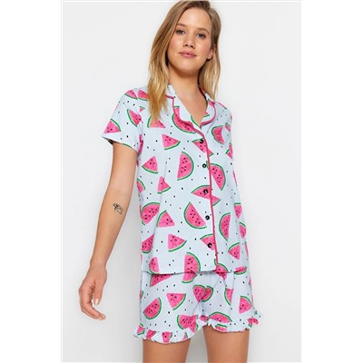 TRENDYOLMİLLA Açık Mavi Karpuz Desenli Fırfırlı Pamuklu Gömlek-Şort Örme Pijama Takımı THMSS21PT0670