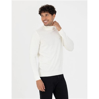 Ekru Slim Fit Yarım Balıkçı Basic Triko Kazak