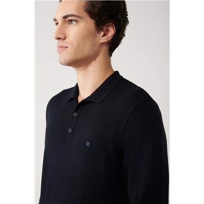 Lacivert 3 Düğmeli Polo Yaka Regular Fit Standart Kesim Triko Kazak