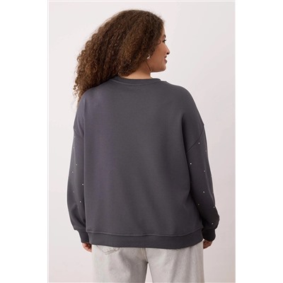 Antrasit Kalın Taşlı Detaylı Örme Sweatshirt Büyük Beden Sweatshirt TBBAW24SW00000