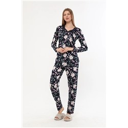 ANGELİNA Kadın Lacivert Pijama Takımı Çiçekli Bambu Uzunkollu Uzun Lastikli Pantolon Pijama Takımı 5744. 6048