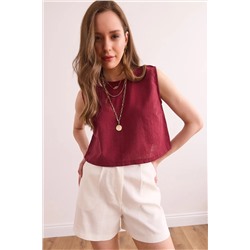 Olalook, Kadın Bordo Flam Keten Crop Bluz BLZ-19002925