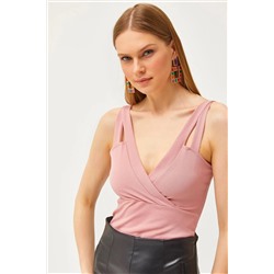 Olalook, Kadın Pudra Askı Detaylı Kruvaze Örme Bluz BLZ-19002571
