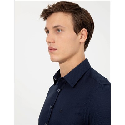 Lacivert Slim Fit Armürlü Uzun Kollu Gömlek