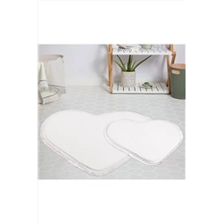 Orkide Home Modern Dekoratif Halı Jel Kaymaz Taban Peluş Puffy Kalp Model Beyaz Saçaklı Paspas Takım P439S1570