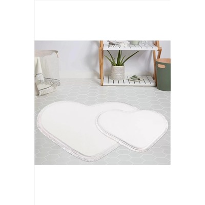 Orkide Home Modern Dekoratif Halı Jel Kaymaz Taban Peluş Puffy Kalp Model Beyaz Saçaklı Paspas Takım P439S1570