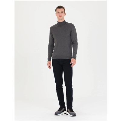 Gri Melanj Slim Fit Balıkçı Yaka Basic Triko Kazak