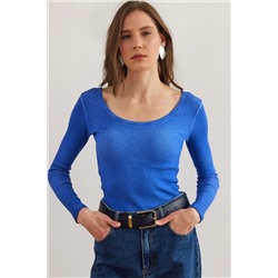 Olalook, Kadın Yıkamalı Saks Mavi Geniş Yakalı Kaşkorse Bluz BLZ-19000722