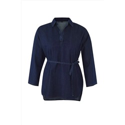 Koyu Mavi Oversize/Bol Kesim Denim Büyük Beden Gömlek TBBAW26AX00003