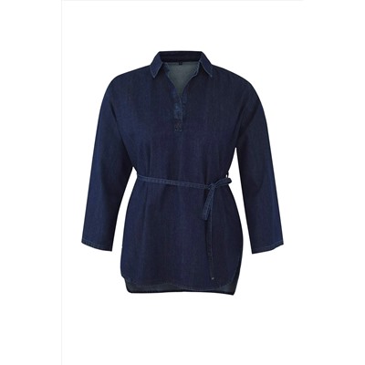 Koyu Mavi Oversize/Bol Kesim Denim Büyük Beden Gömlek TBBAW26AX00003