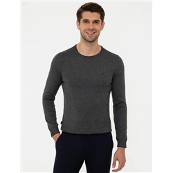 Gri Melanj Slim Fit Bisiklet Yaka Basic Triko Kazak