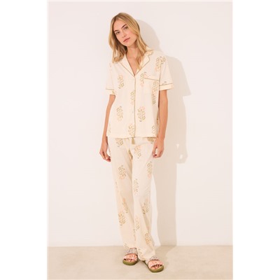 Pijama largo camisero marfil algodón