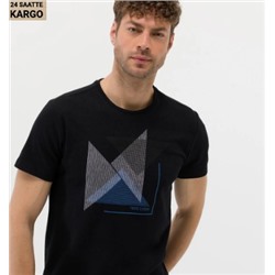 Siyah Slim Fit Baskılı Bisiklet Yaka Tişört