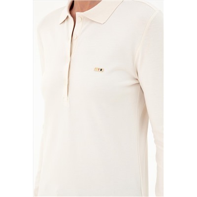 Kadın Krem Basic Polo Yaka Sweatshirt