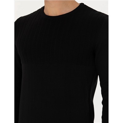 Siyah Slim Fit Bisiklet Yaka Triko Kazak