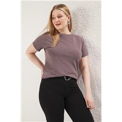 Gri Bisiklet Yaka Yıkamalı Örme Büyük Beden T-shirt TBBSS25BF00005