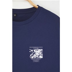 Lacivert Oversize Fit %100 Pamuk Ön ve Arka Baskılı Örme Büyük Beden T-Shirt TBBSS25BF00002