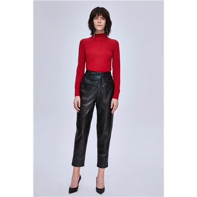 Pantalón recto de piel Negro