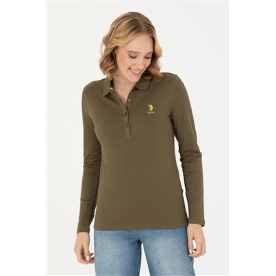 Kadın Haki Polo Yaka Basic Sweatshirt