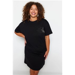 Siyah Bisiklet Yaka slogan Baskılı %100 Pamuk Örme Büyük Beden T-shirt Elbise TBBSS23AH00162