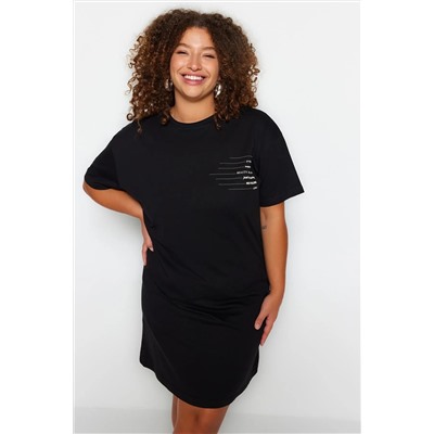 Siyah Bisiklet Yaka slogan Baskılı %100 Pamuk Örme Büyük Beden T-shirt Elbise TBBSS23AH00162