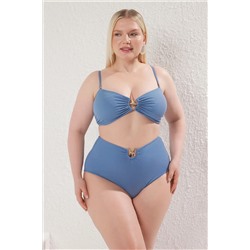 Mavi Yüksek Bel Aksesuar Detaylı Büyük Beden Bikini Altı TBBSS25CR00000