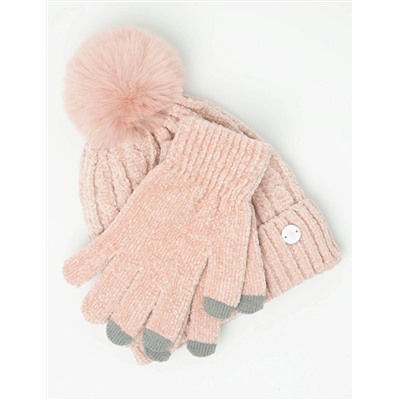 LADIES POM POM FLEECE BEANIE AND GLOVE SET