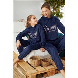 Siyah İnci Lacivert Alt-Üst Polar Nakışlı Kapüşonlu Cepli Pijama Takım 22278309
