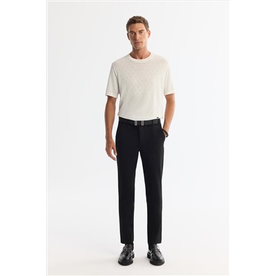 Ekru Bisiklet Yaka Jakarlı Rayon Triko T-Shirt
