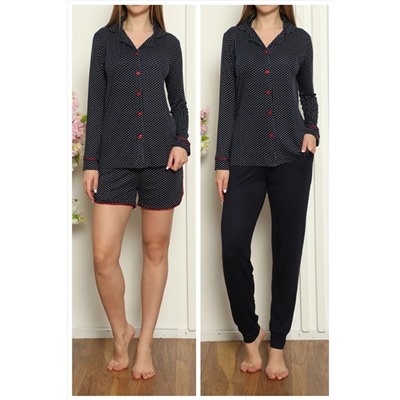 Nicoletta Kadın Şortlu Ve Uzun Pijama Takımı Uzun Kollu 3 Lü Set Likralı Laci 90435-3