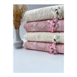 AYHANHOME 50x90 4'lü %100 Pamuklu Kadife Dantelli Güpürlü Fiyonklu Çeyizlik El Ve Yüz Havlusu 4*GPRLÜ*KRM*PUDRA