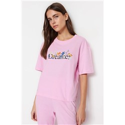 TRENDYOLMİLLA Açık Pembe %100 Pamuk Slogan Baskılı T-shirt-Pantolon Örme Pijama Takımı THMSS23PT00134