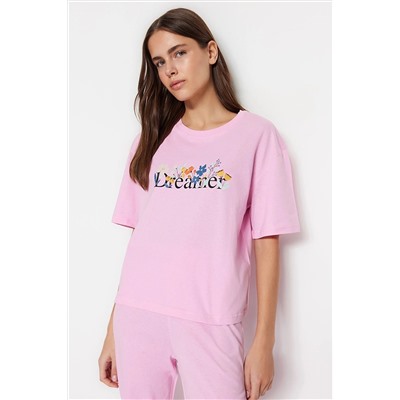 TRENDYOLMİLLA Açık Pembe %100 Pamuk Slogan Baskılı T-shirt-Pantolon Örme Pijama Takımı THMSS23PT00134