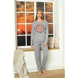 Mossta Çiçek Desenli Kalın Fitilli Pijama Takımı Gri BY17403
