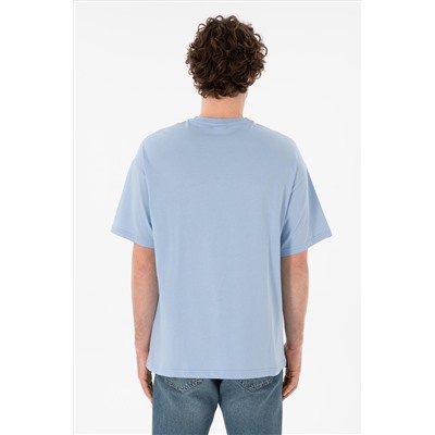 Erkek Oversize Fit Bisiklet Yaka Açık Mavi Tişört
