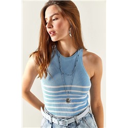 Olalook Kadın Bebe Mavi Halter Yaka Çizgili Triko Bluz BLZ-19002330