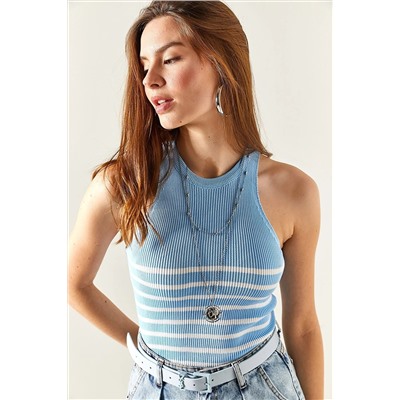 Olalook Kadın Bebe Mavi Halter Yaka Çizgili Triko Bluz BLZ-19002330