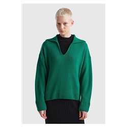 United Colors of Benetton Kadın Yeşil Yün Karışımlı Boxy Fit Polo Yaka Kazak 123A1244D300N