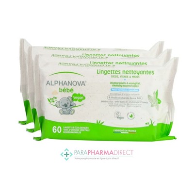 Alphanova Bébé Lingettes Nettoyantes Peaux Normales & Sensibles 3x60 LingettesLot  × 3