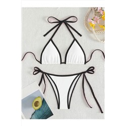 poswicon, Beyaz bikini Kadın  Halter Kıvrılmış Kenar Detaylı Askılı Bikini Takımı, İki Parçalı Bikini