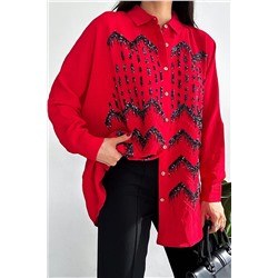 FEMELLE Kadın Yeni Sezon Standart Beden Oversize Pul Payet İşlemeli Pamuklu Oversize Geniş Kalıp Gömlek 2649ss