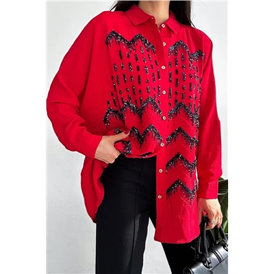 FEMELLE Kadın Yeni Sezon Standart Beden Oversize Pul Payet İşlemeli Pamuklu Oversize Geniş Kalıp Gömlek 2649ss